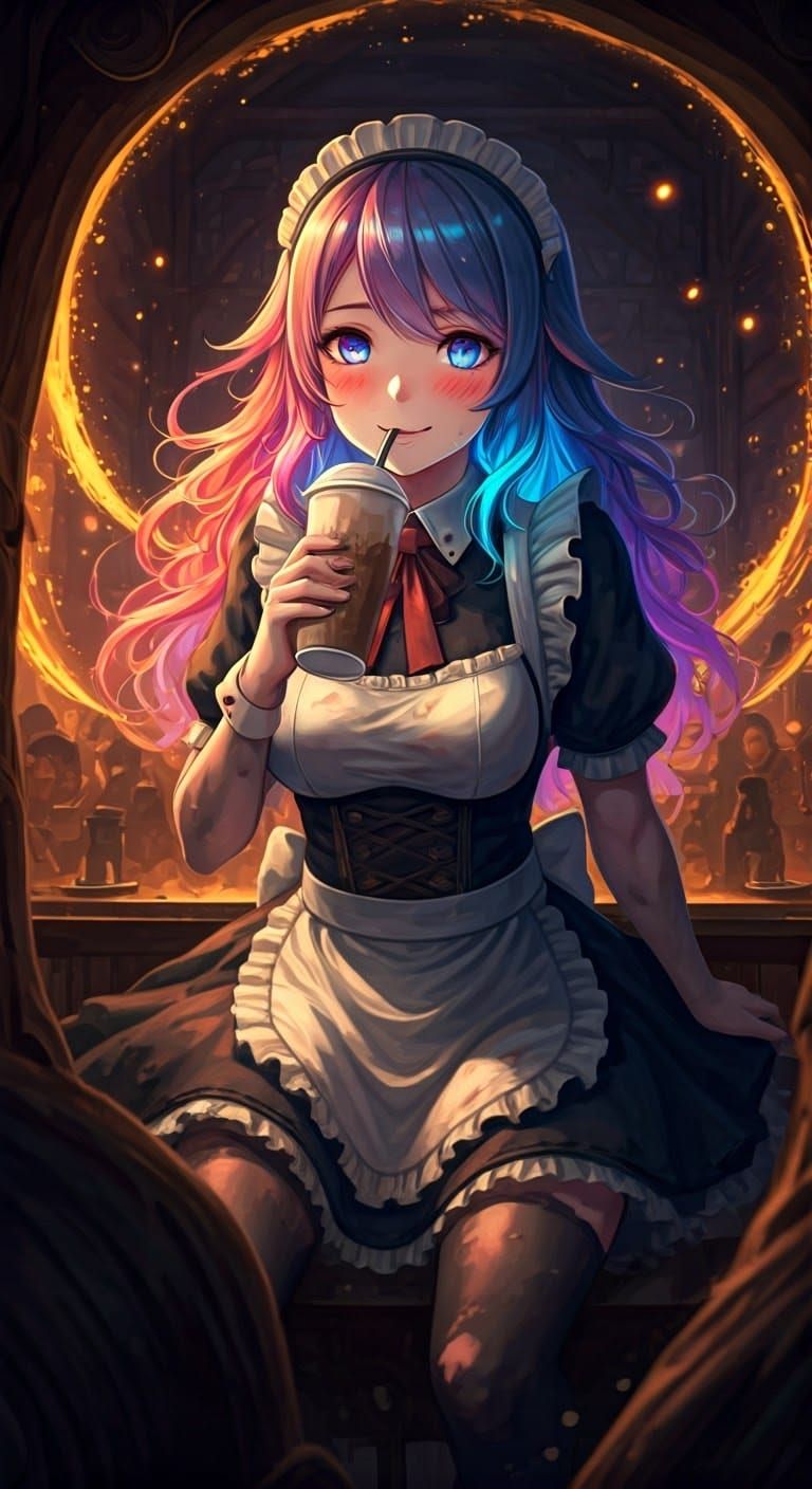 Anime Maid in Tavern with Glowing Accents