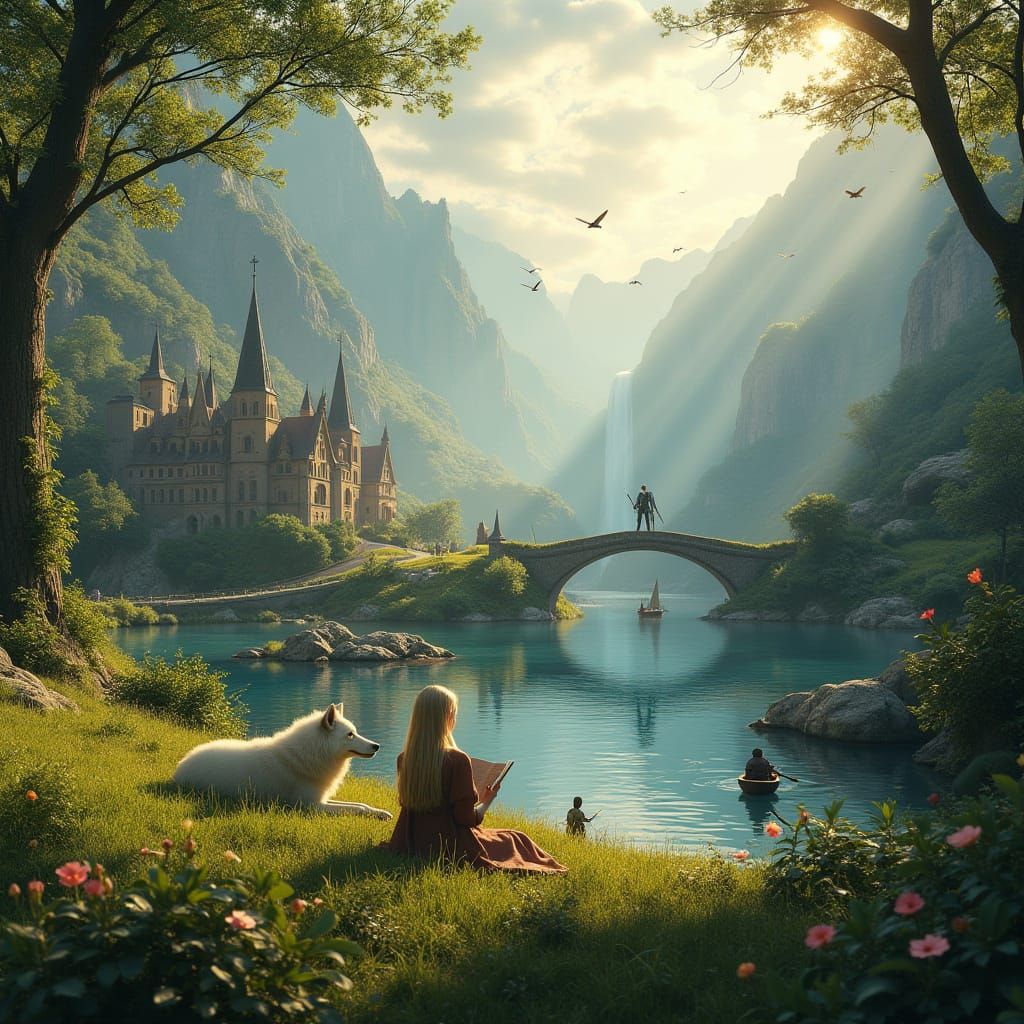 Rivendell Elven Village with Elf Girl and Wolf