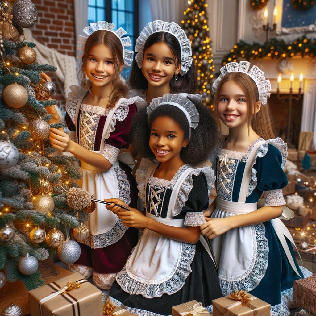 Girls in 1910s French Maid Outfits Decorate Christmas Tree