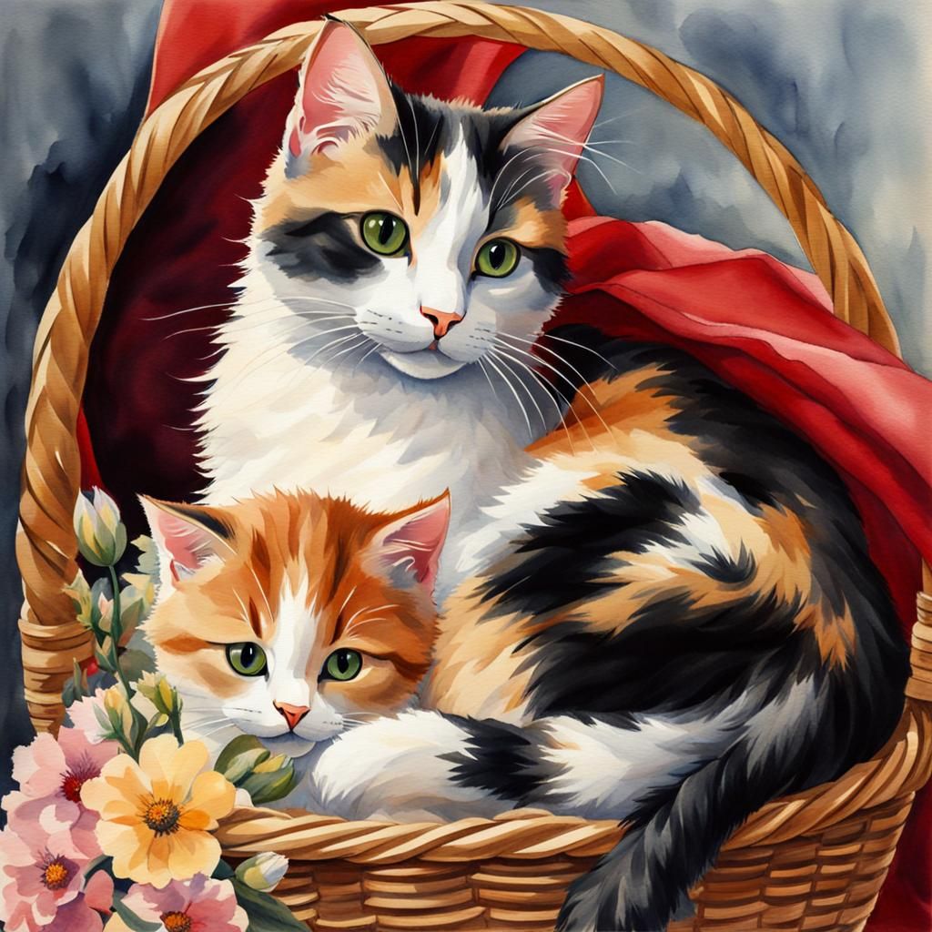 Calico Cat and Newborn Kittens in Watercolor