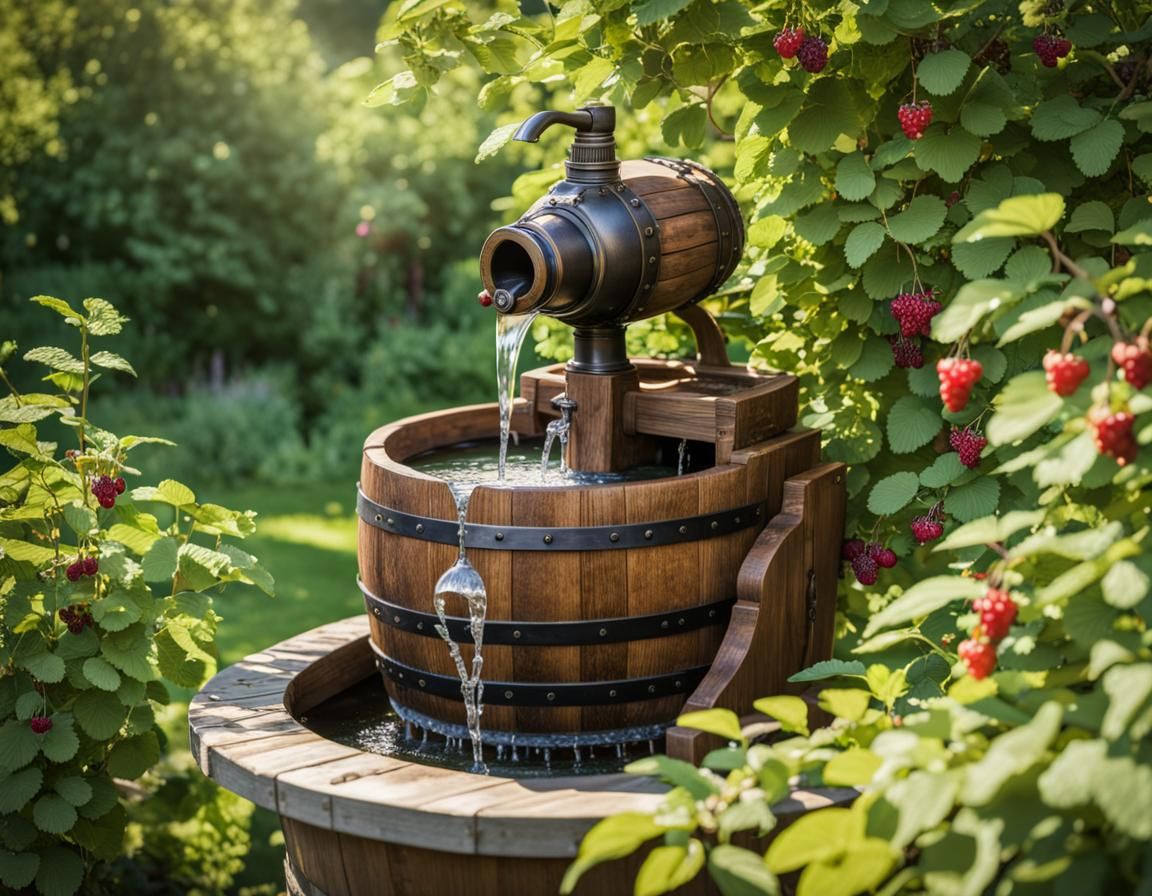 Steampunk Fountain in Overgrown Garden with Robin