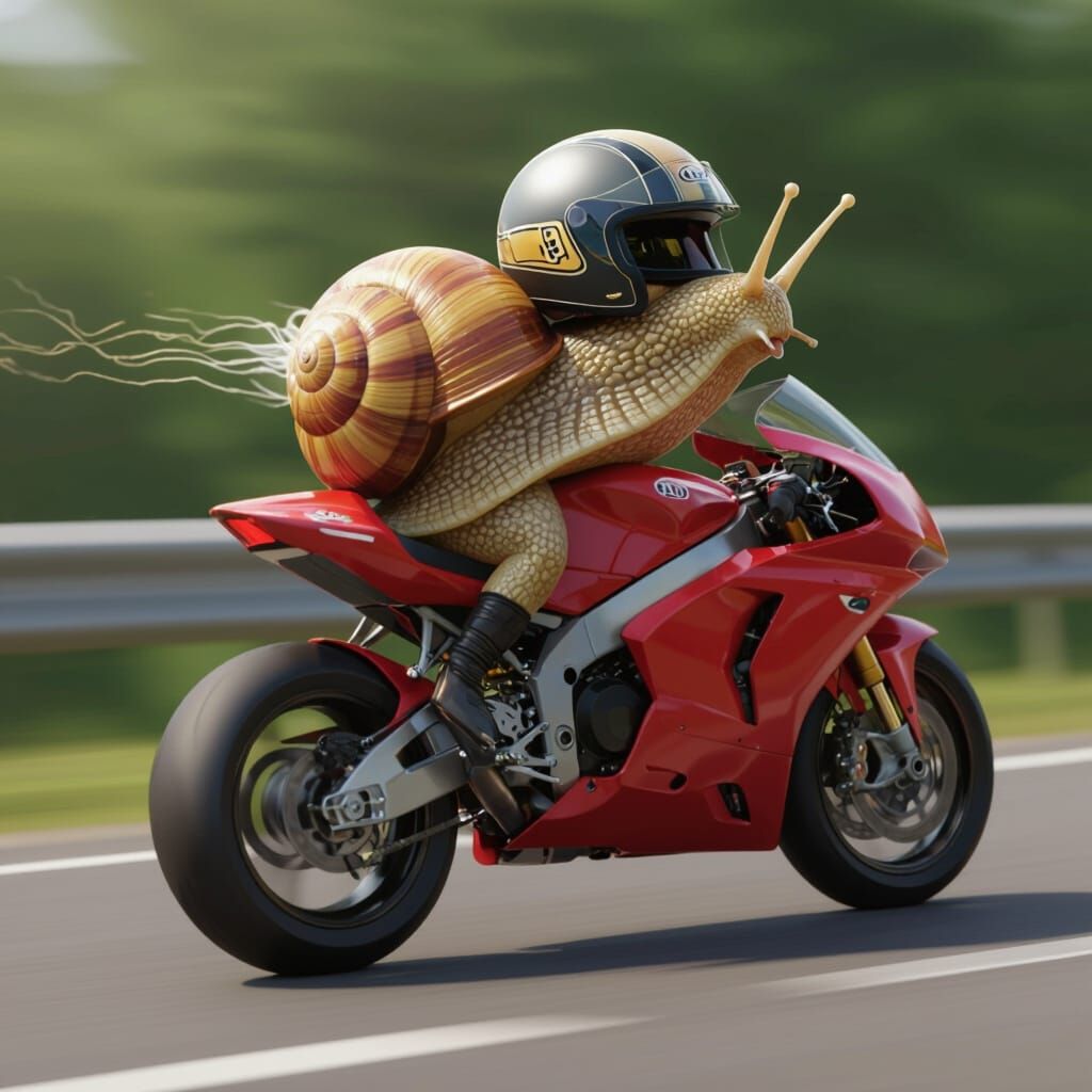 Snail on a Racing Motorcycle with Streaming Antennae