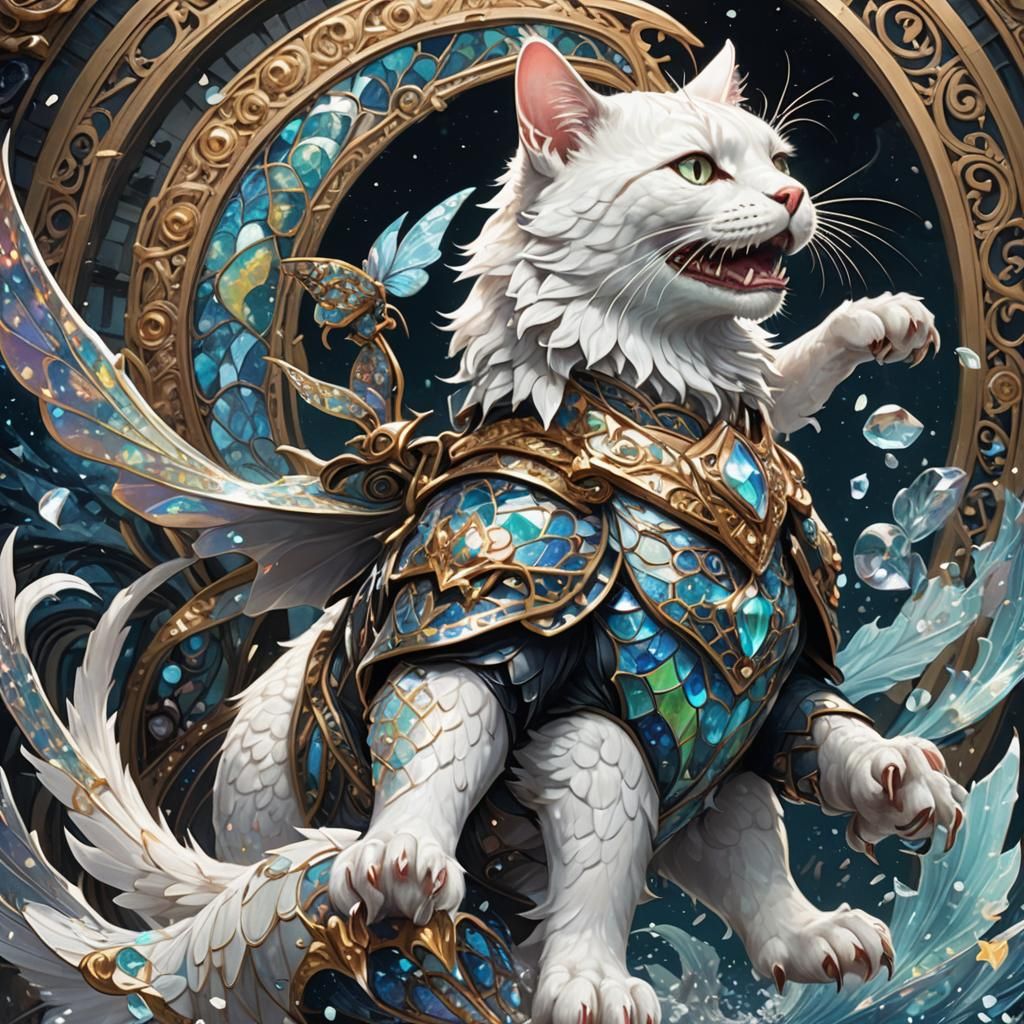 Fairy Cat Rides Megalodon in Dark Fantasy Art