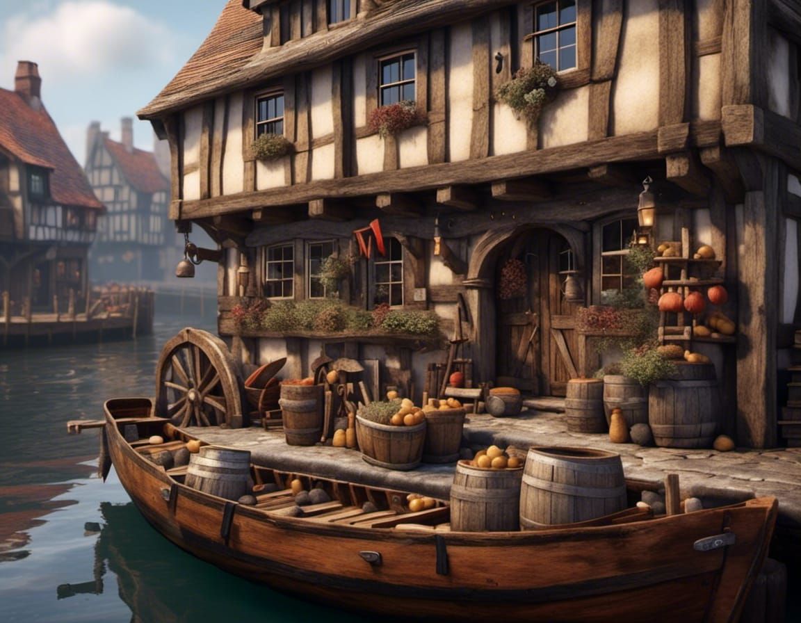 Snowy Quayside Inn in Hyperrealistic Style