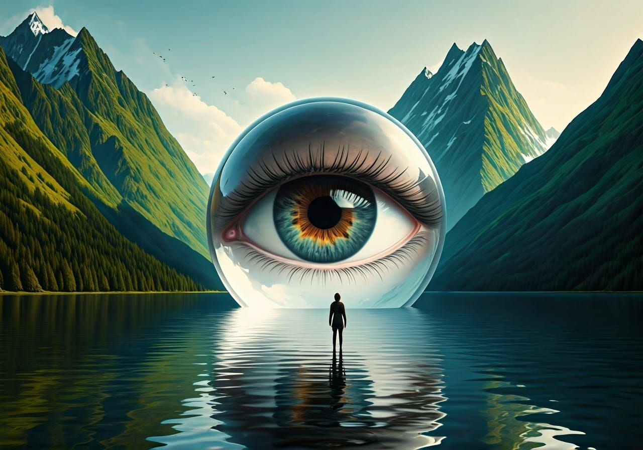 Surrealistic Glass Sphere with Serene Mountain Landscape