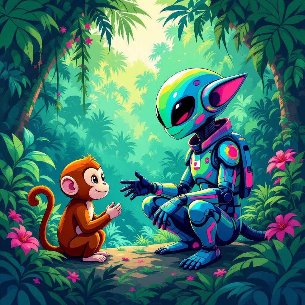 Alien Meets Monkey in Vibrant Tropical Jungle