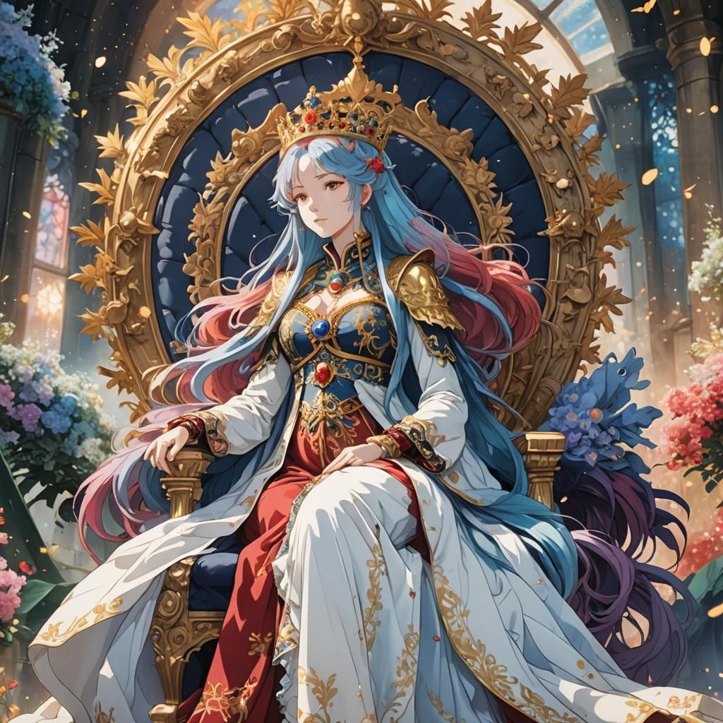 Anime Queen with Red and Blue Hair on Throne