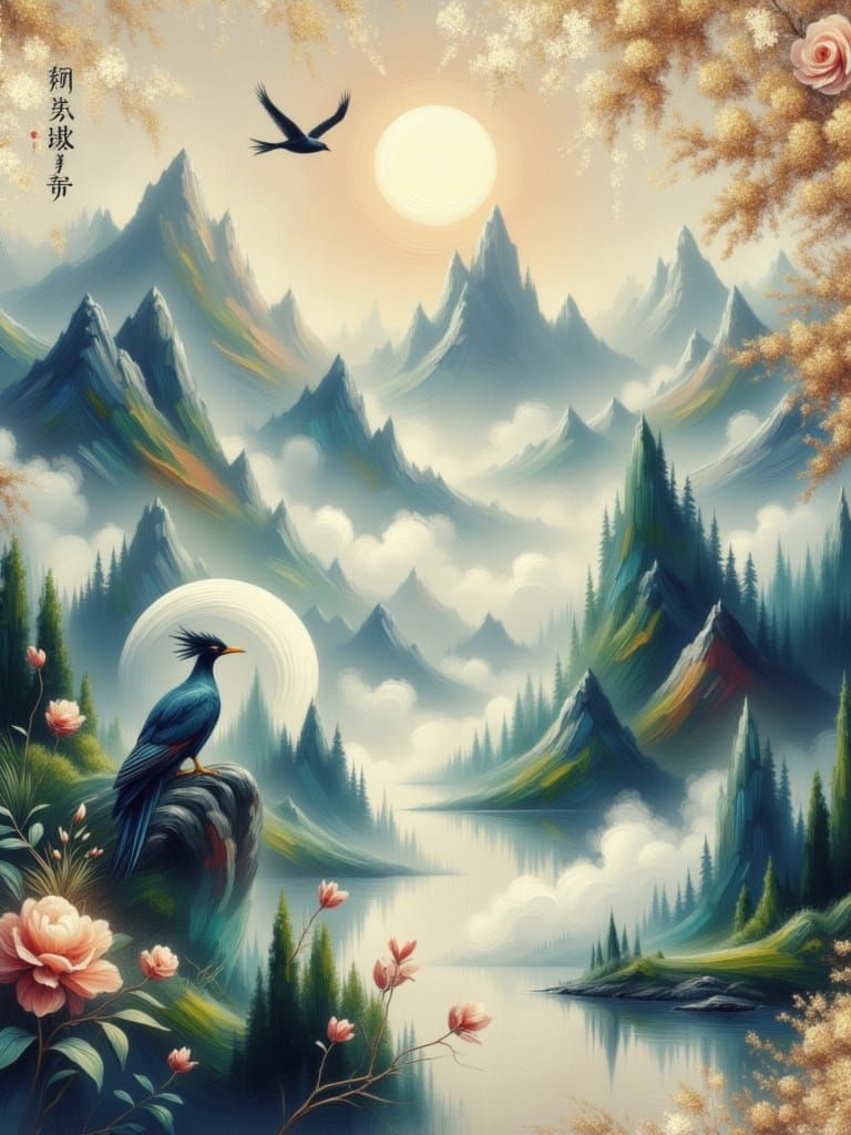 Majestic Chinese Landscape in Soft Impasto Style