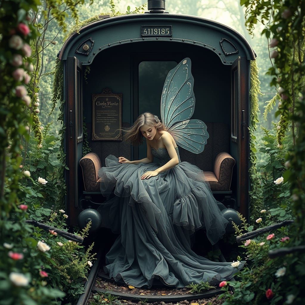 Fairy in Vintage Train Car in Art Nouveau Style