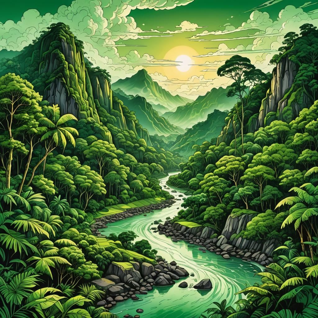 Lush Mountain Landscape in Ink Illustration Style