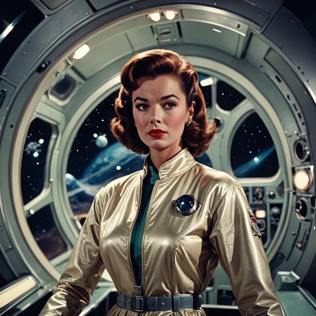 Glamorous 1950s Space Traveler: Cinematic Film Still