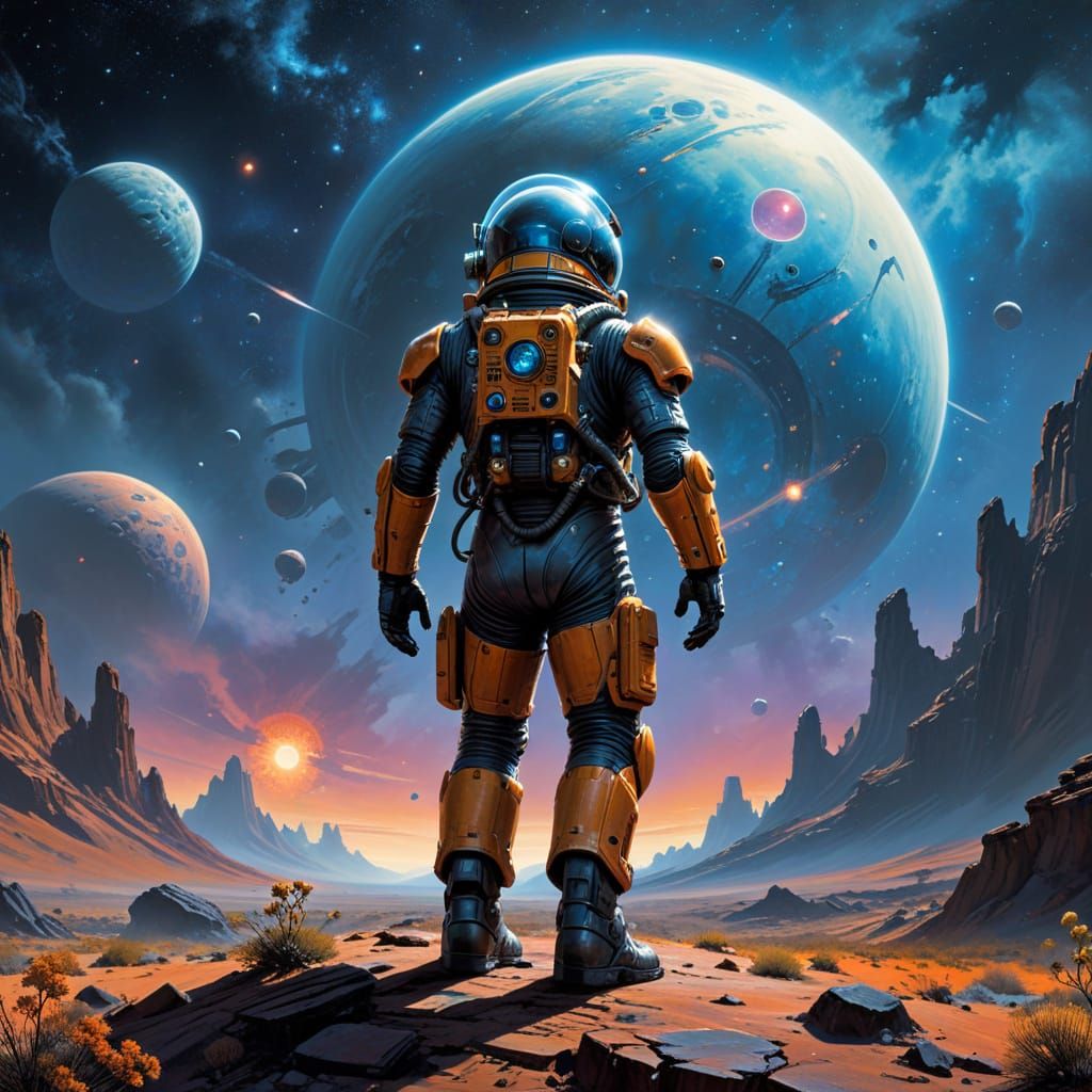 Astronaut on a Distant Planet in a Retro-Futuristic Spacesui...