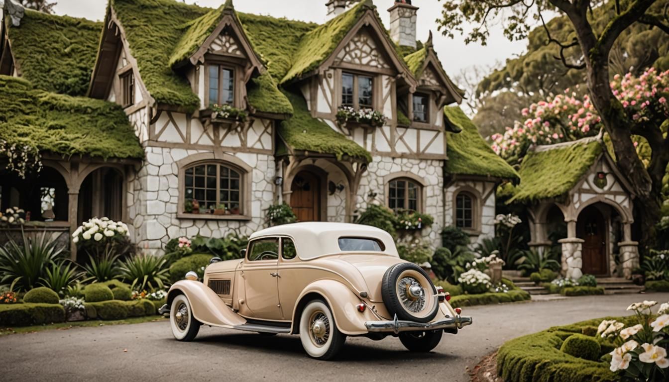 Vintage Car Parked at Elven Cottage in Classic Realism