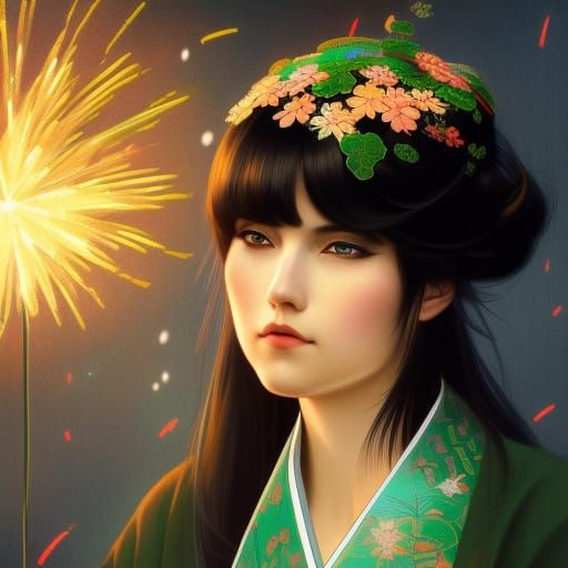 Girl in Kimono with Fireworks Concept Art