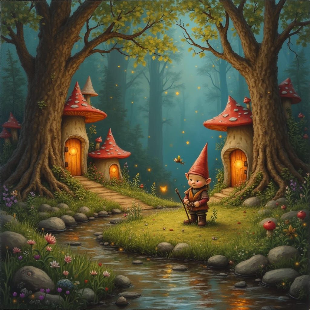Gnome Village in Oak Roots: Hyperdetailed Oil Painting