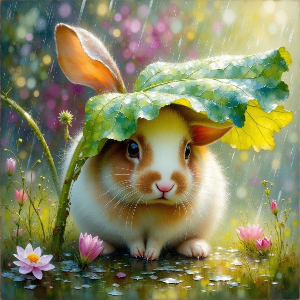 Rabbit Sheltering from Rain, Impressionistic Oil Painting