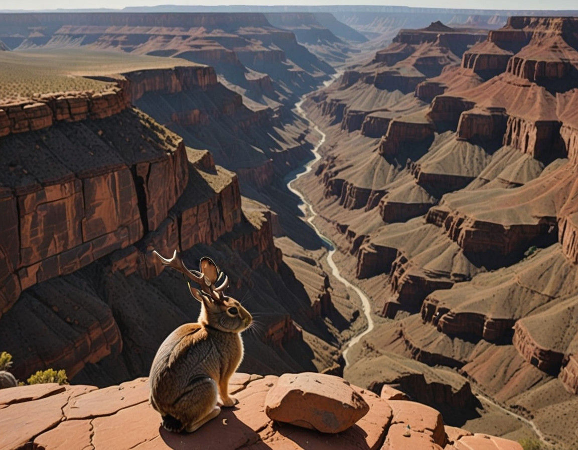 Jackalope Rabbit Contemplates Vast Canyon Landscape