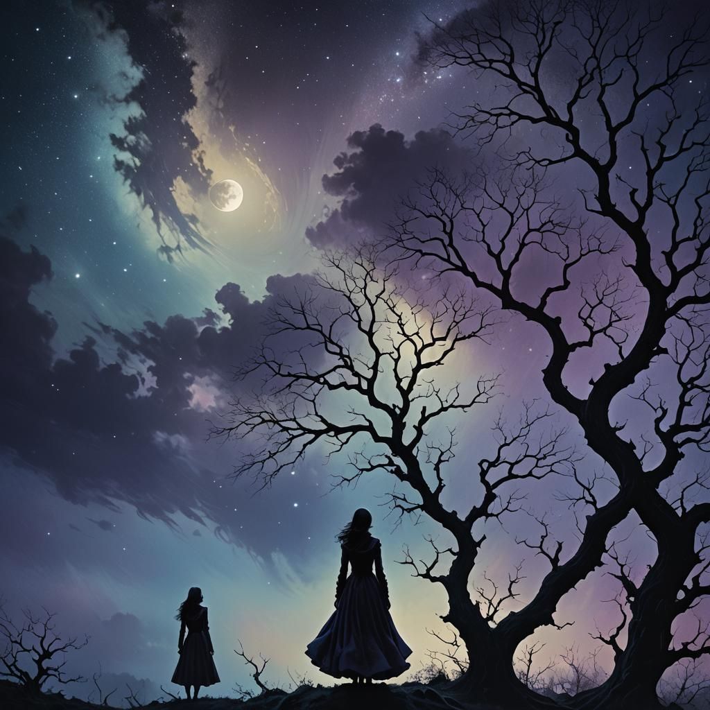 Gothic Silhouette Under Starry Night Sky