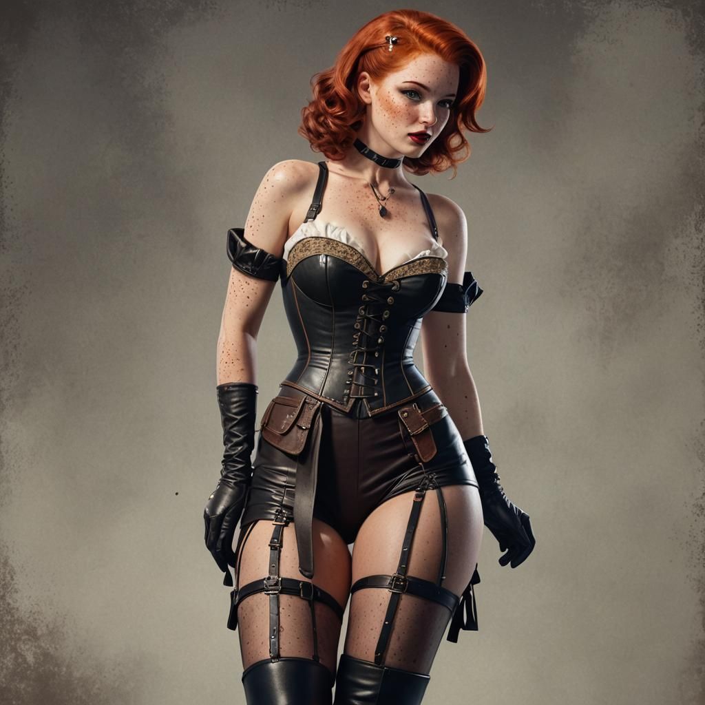 Redhead Pin-Up with Leather Corset, Fantasy Art