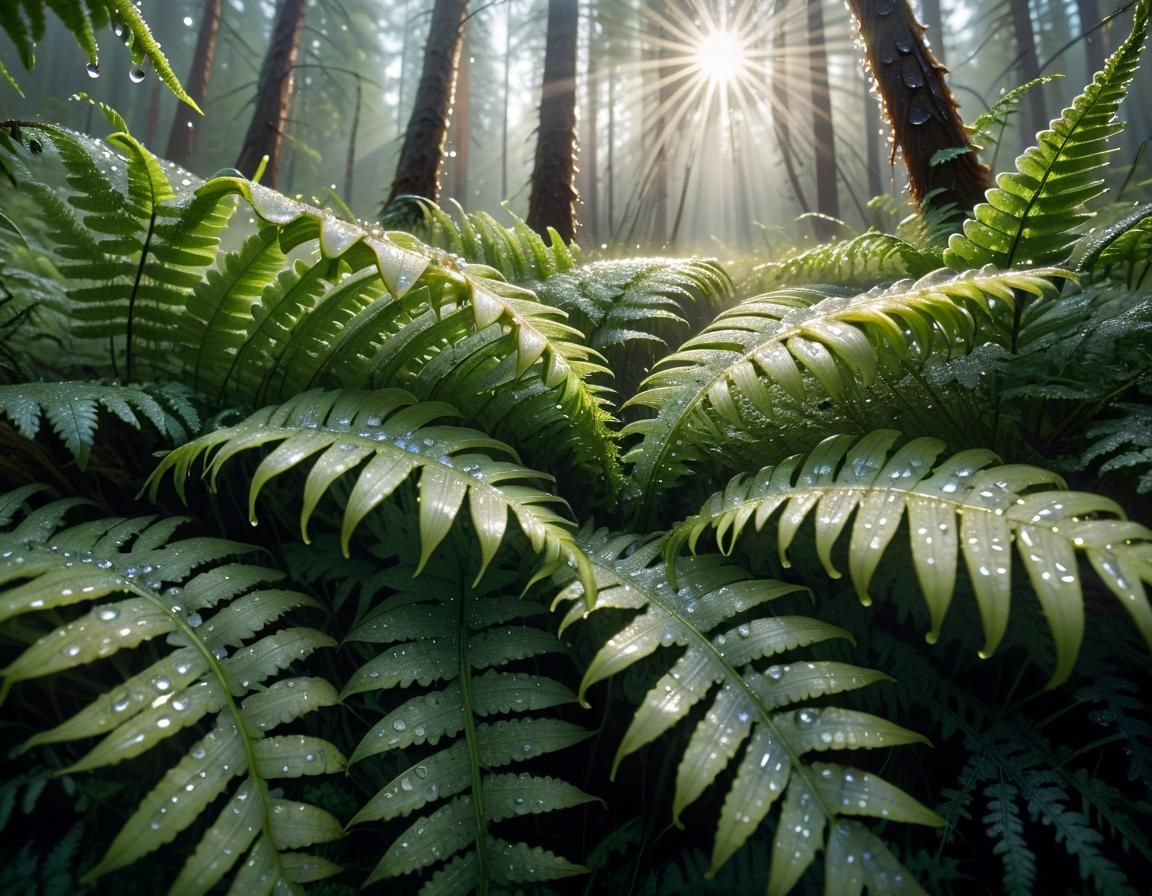Dew-Kissed Ferns in Boreal Forest Sunlight