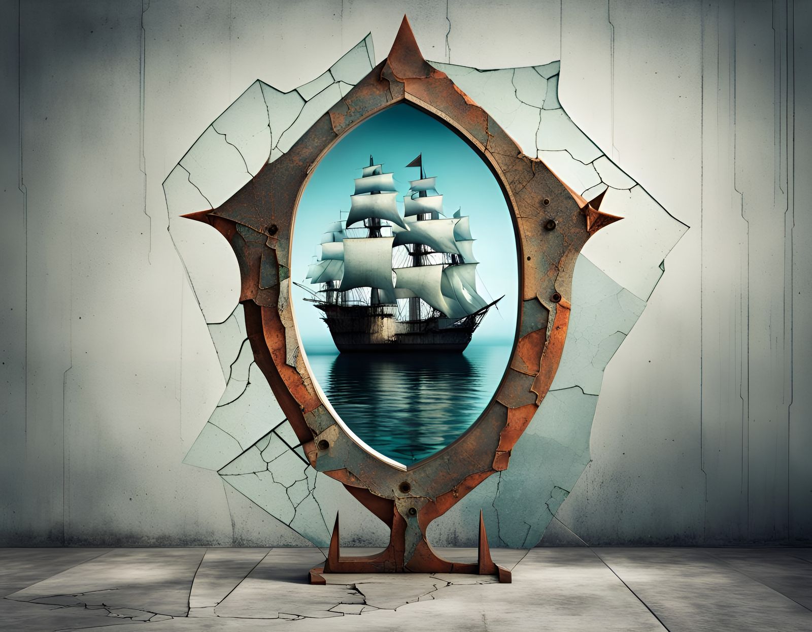 Haunted Pirate Ship Reflected in Cracked Mirror