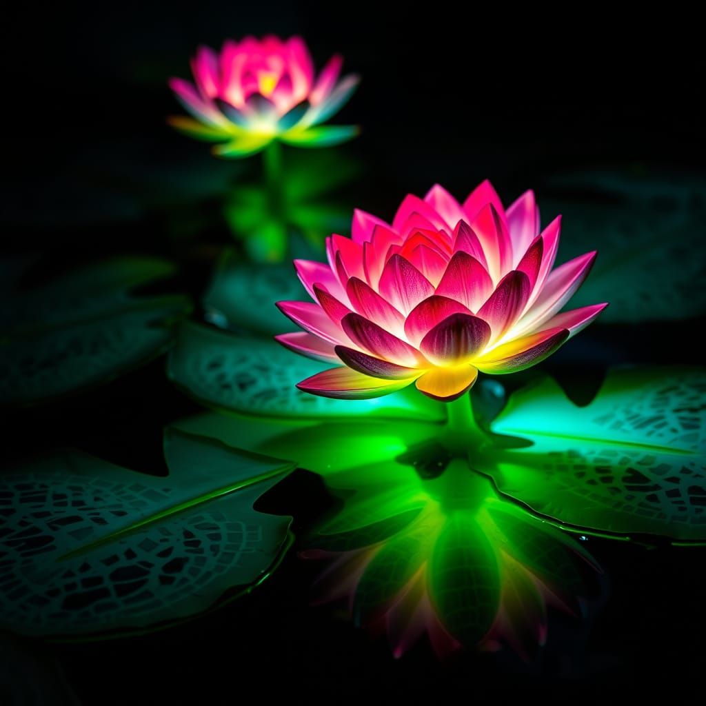 Vibrant Water Lilies Illuminated by Bioluminescent Beauty