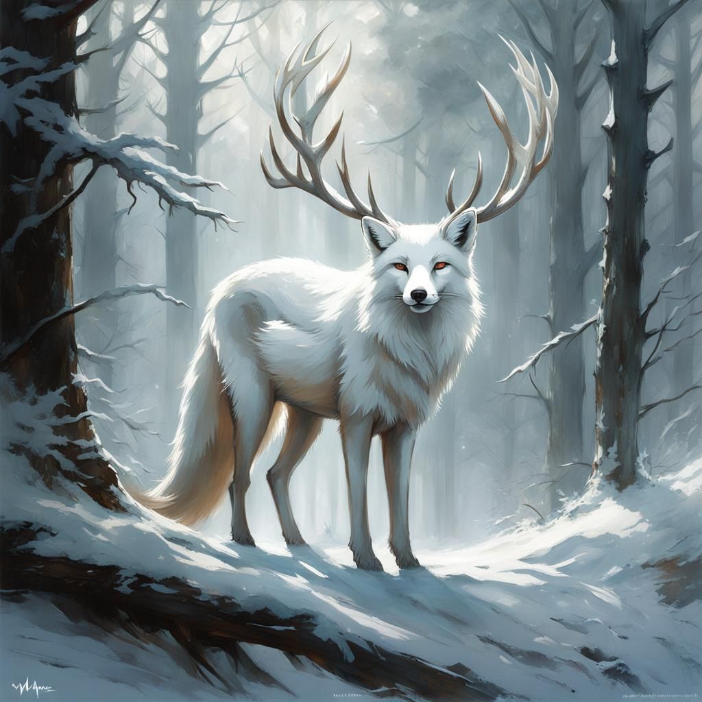 White Fox with Deer Antlers in Foggy Forest