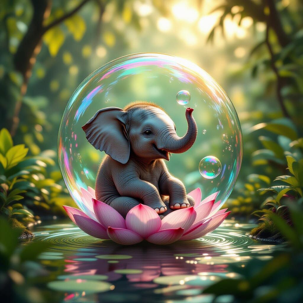 Gentle Elephant in Bubble Above Rainforest