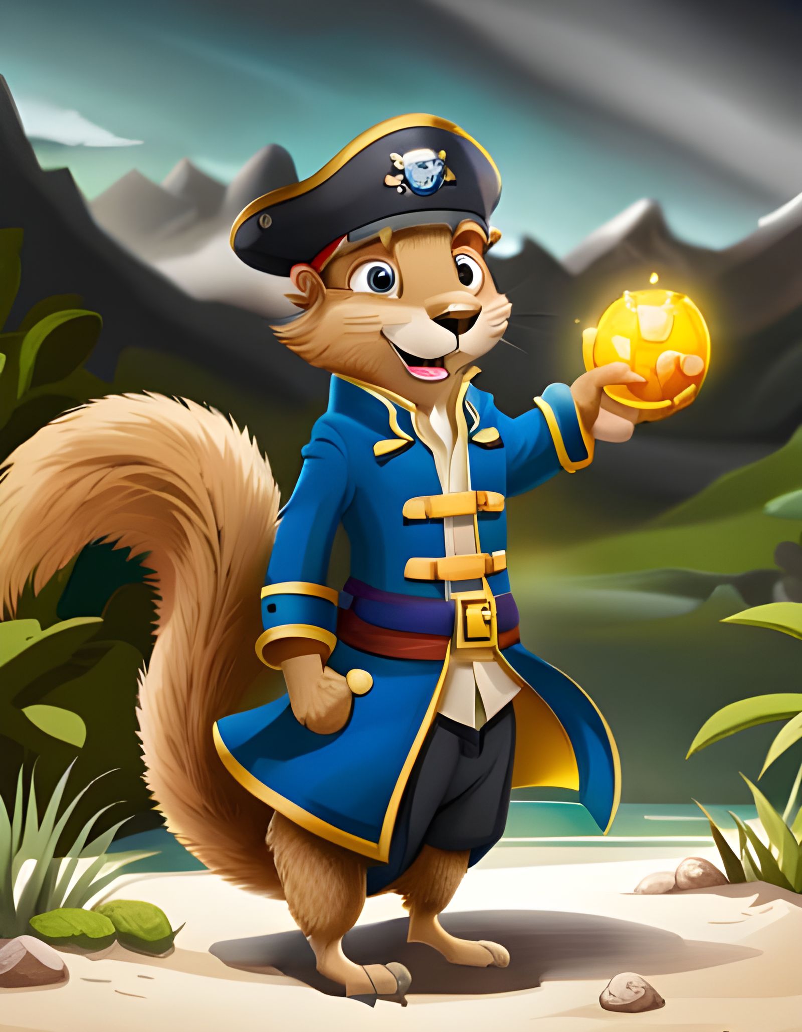 Squirrel Pirate Foraging on Beach in Ghibli Style