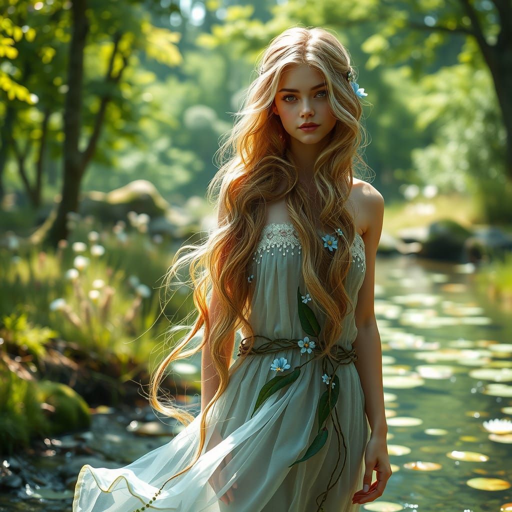 Forest Nymph in Sunlit Meadow with Water Lilies