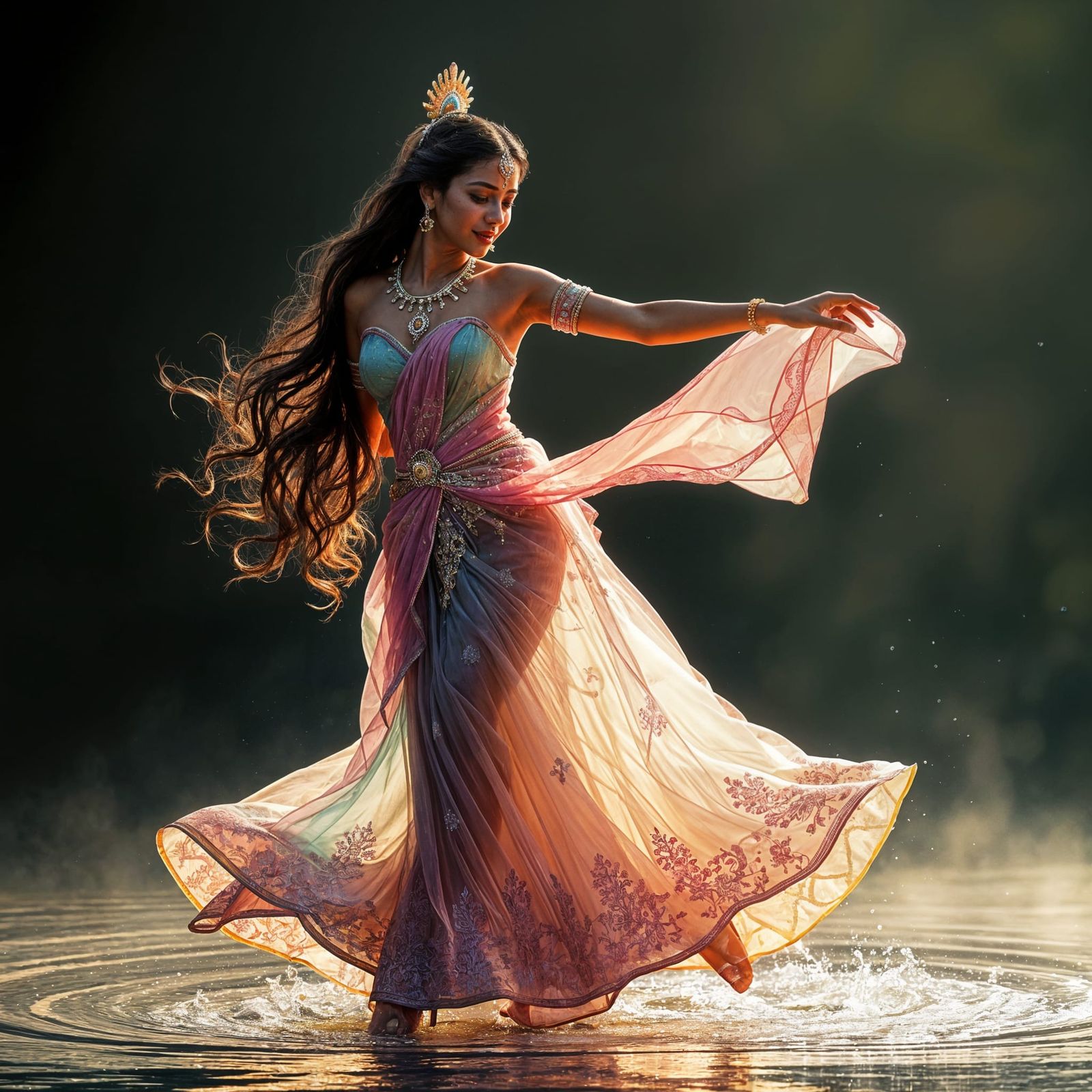 Indian Princess Dancing in Vibrant Water Dress