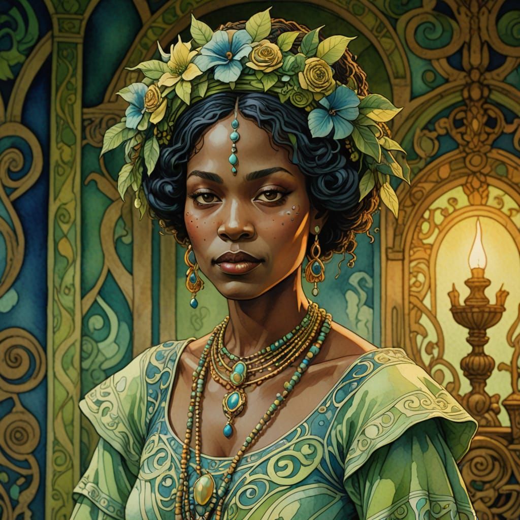 Voodoo Priestess in Folk Art Nouveau Style