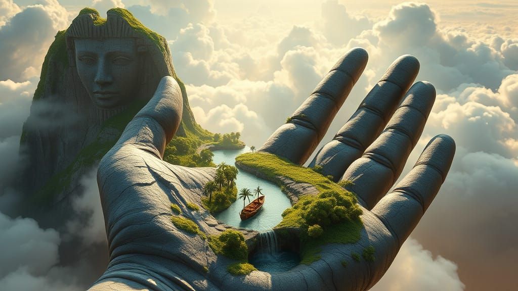 Colossal Marble Hand in Whimsical, Dreamlike Landscape