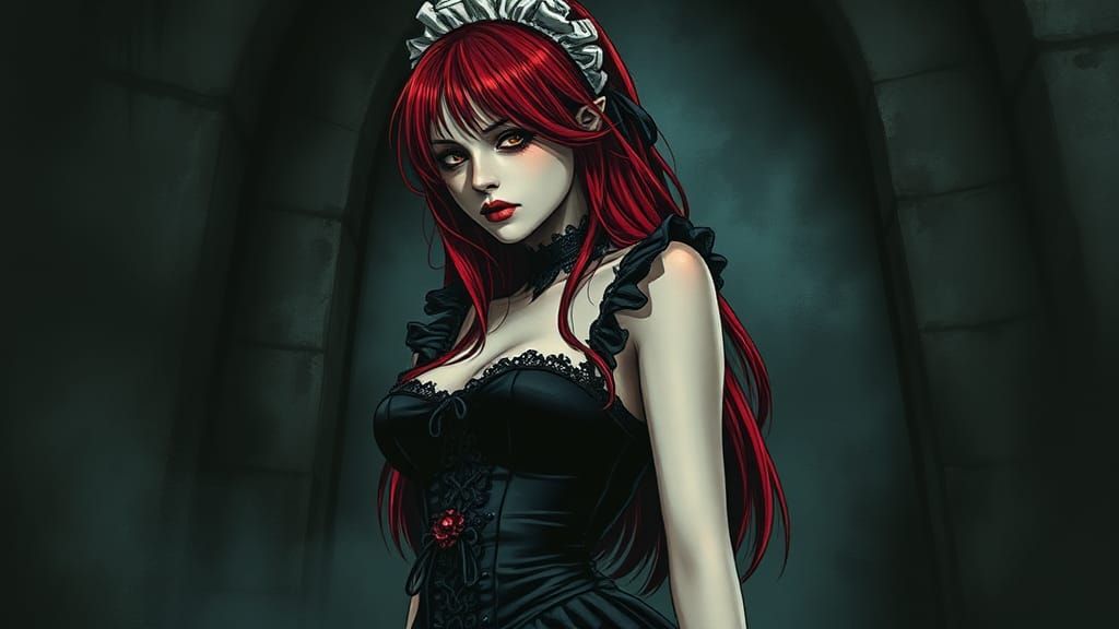 Crimson-Haired Gothic Maid in Eerie Anime Style