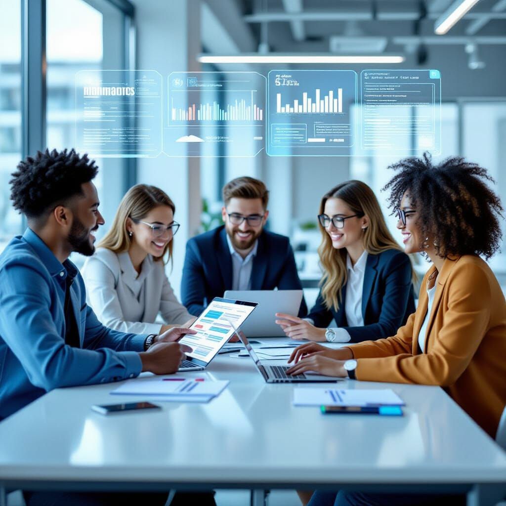 Students Collaborate in Modern Workspace with Digital Graphi...