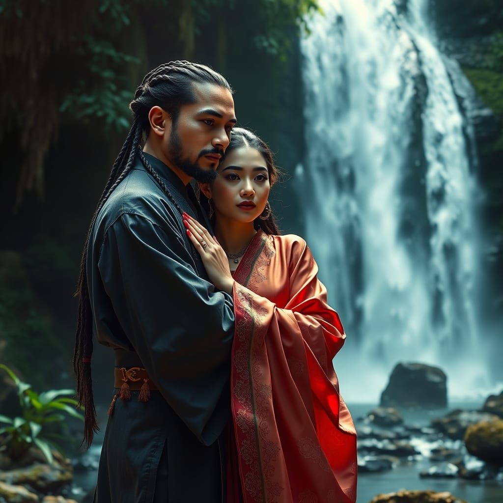 Epic Romantic Scene by a Waterfall in Cyberpunk Style