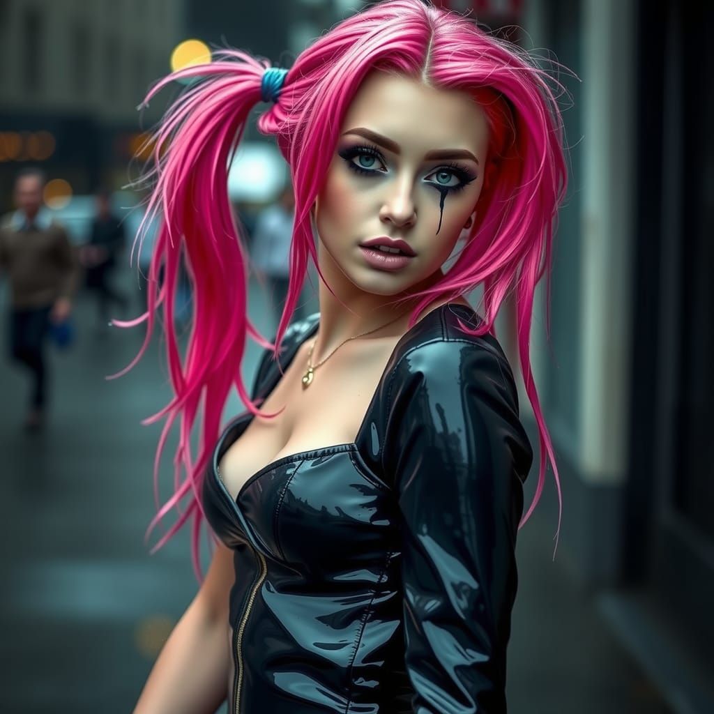 Woman with Pink Hair in Rain, Hyper-Realistic Portrait