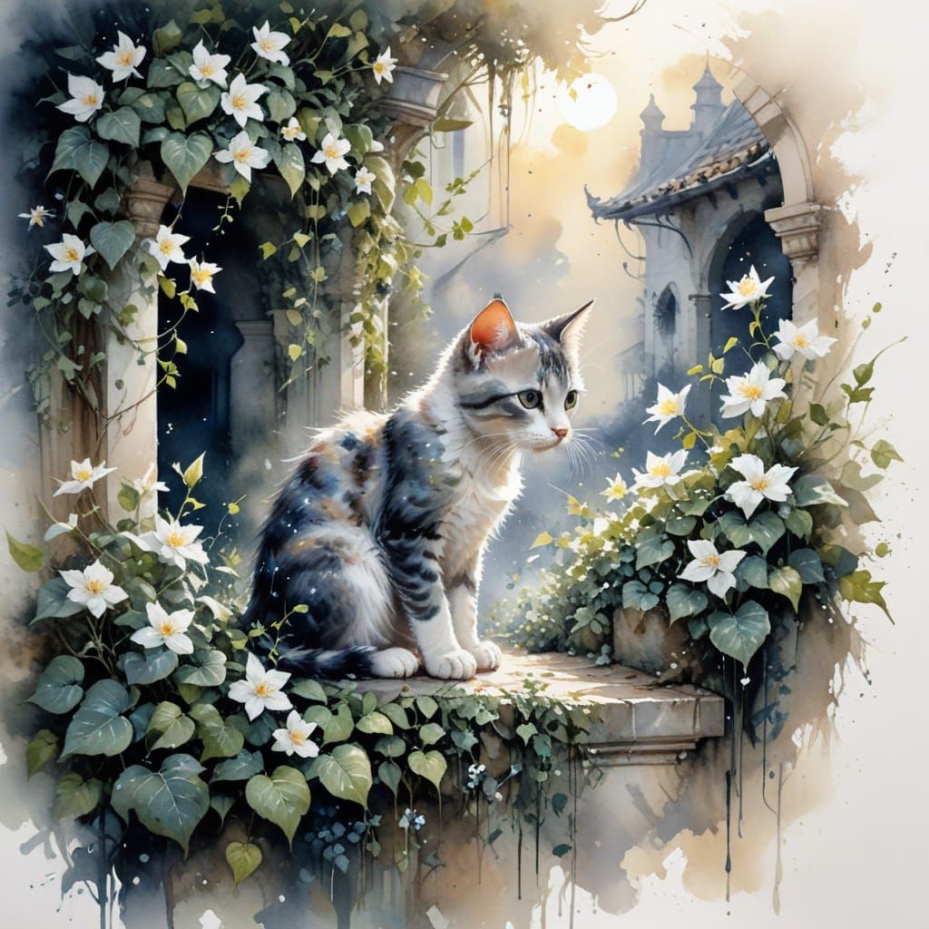 Kitten in Moonlit Garden: Stylized Watercolour Art