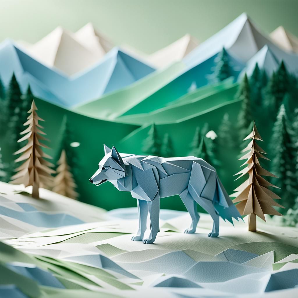 Origami Wolf Stalking Prey in Winter Landscape