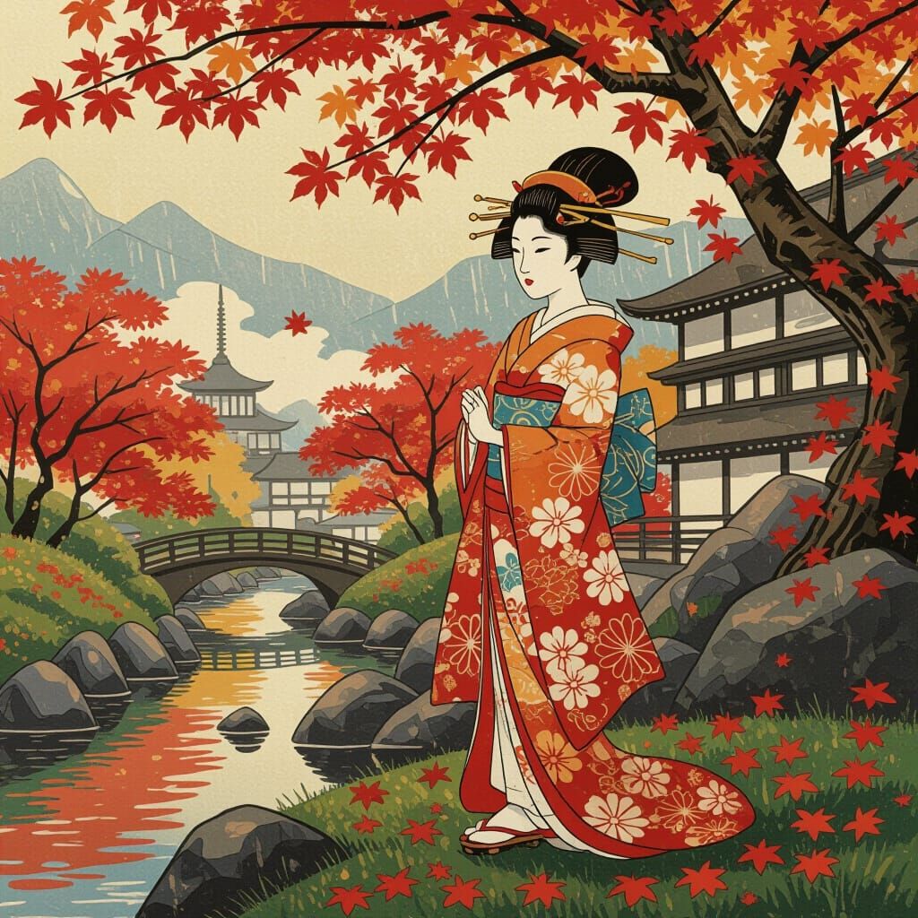 Japanese Inksplash: Autumnal Beauty in Ukiyo-e Style