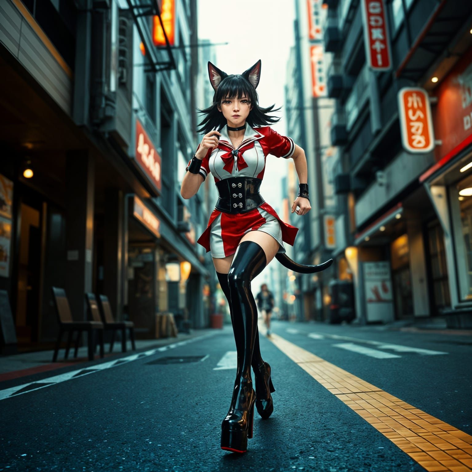 Stunning Cat-Girl Schoolgirl in Tokyo Streets