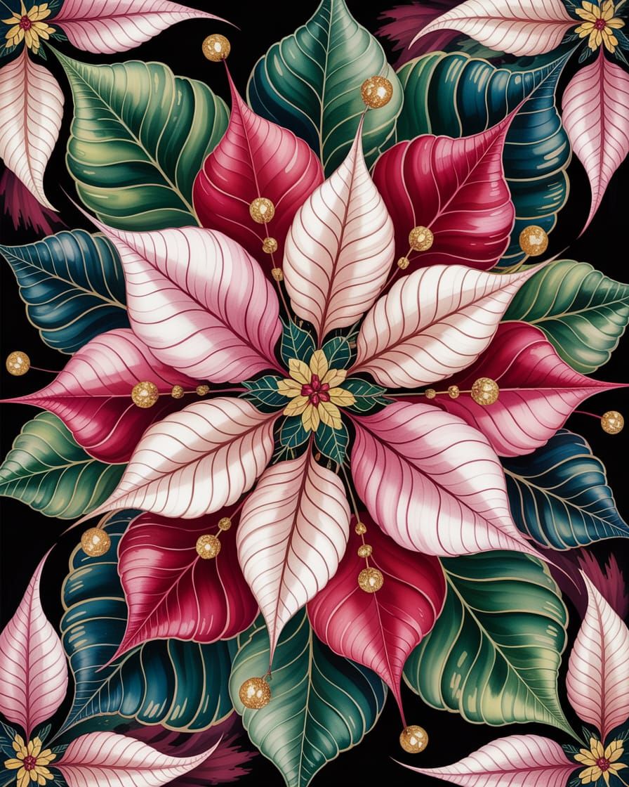 Ink and alcohol painting of a balanced Art Deco poinsettia f...