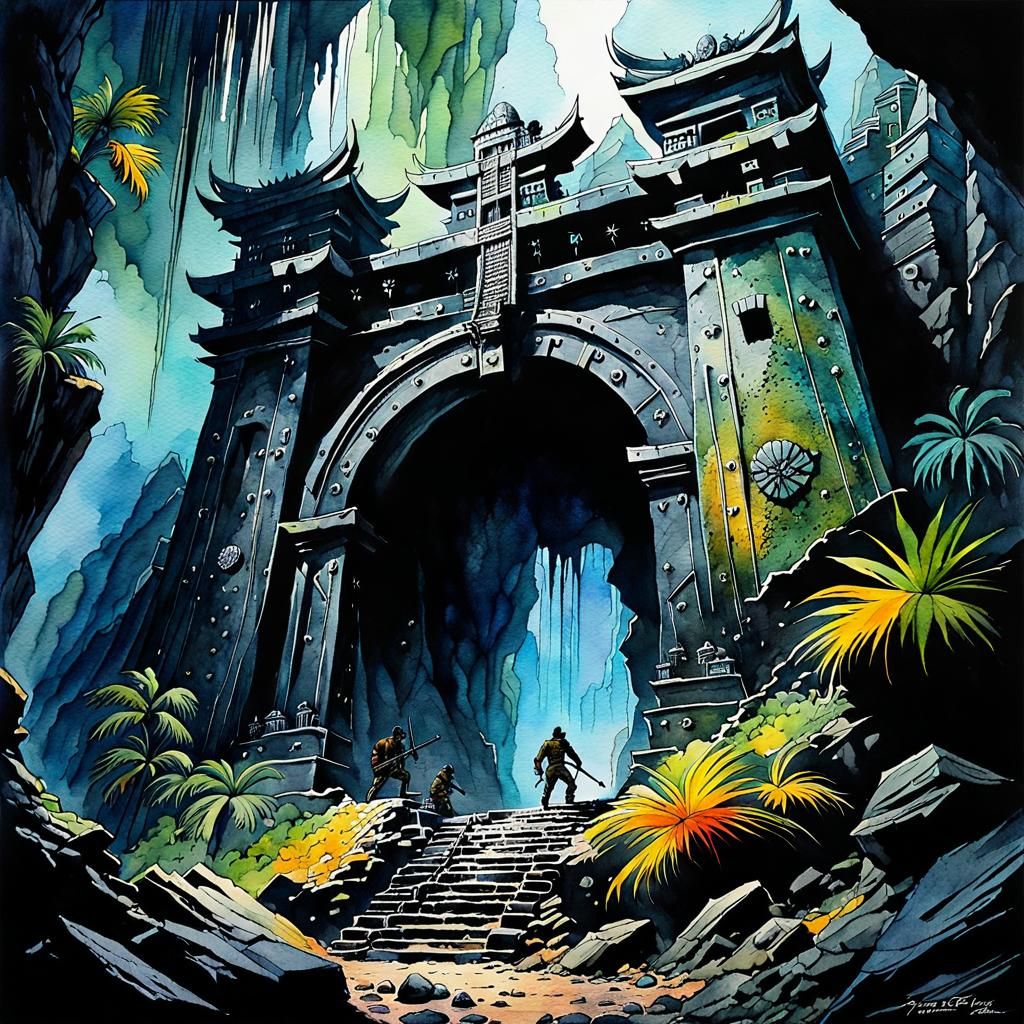 Epic Dungeon Entrance: Watercolor Painting with Ink Accents