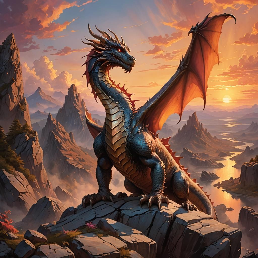 Dragon Watches Sunset in Fantasy Realism Style