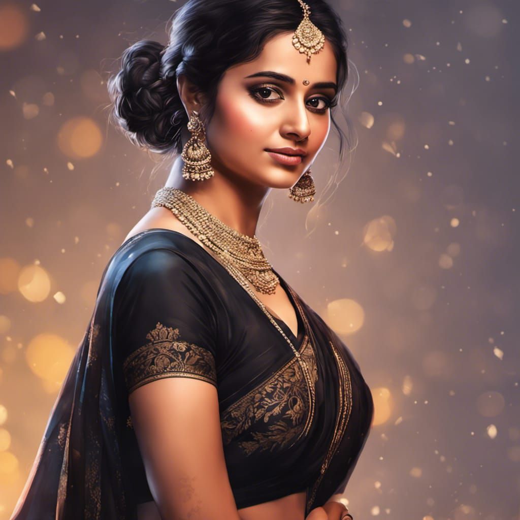 Indian Woman in Black Saree: Hyperrealistic Portrait