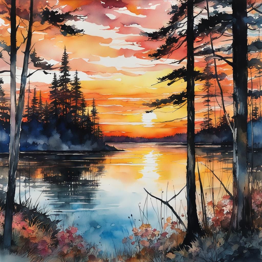Golden Sunset Lake: Watercolor, Cubist, Art Deco Style