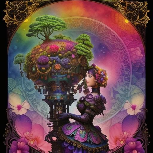 Steampunk Flower Topiary Robot Lady in Watercolor