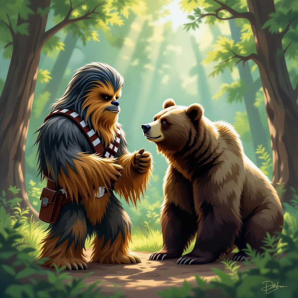 Wookiee and Grizzly Bear Play in Forest Clearing