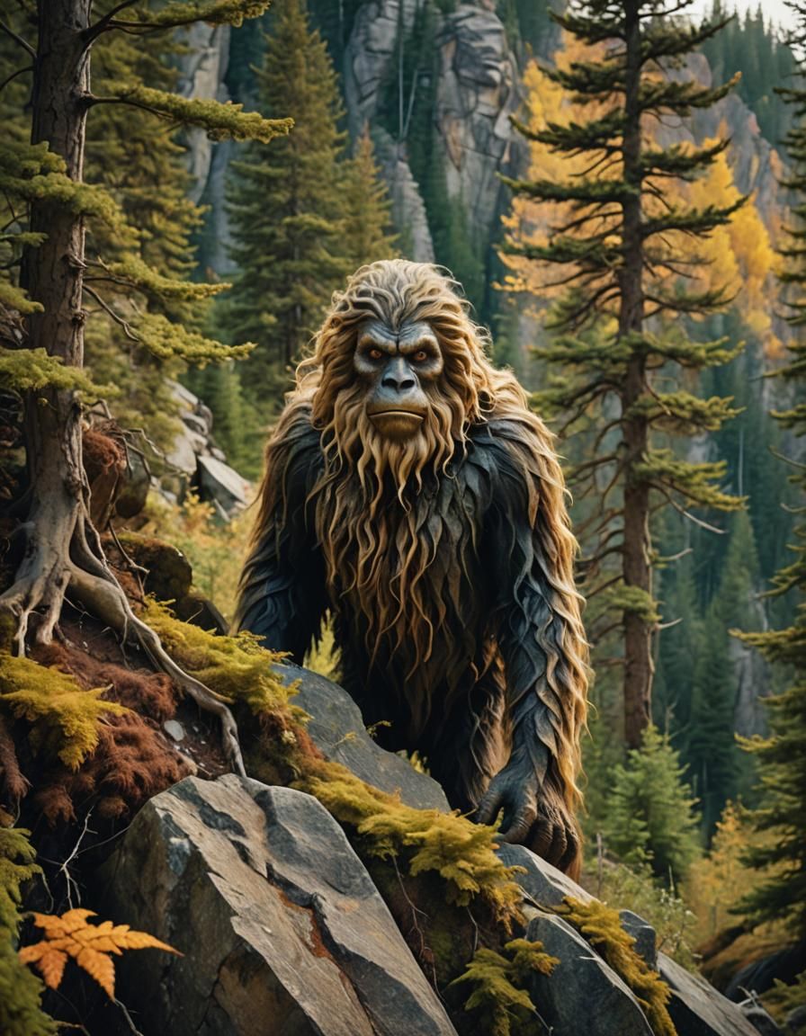 Young Sasquatch in Mountain Landscape: Surreal Photo
