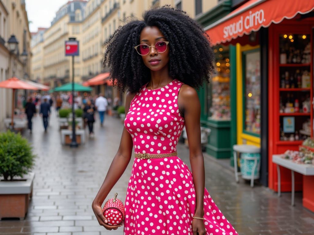 Elegant Woman in Polka Dots on Parisian Street
